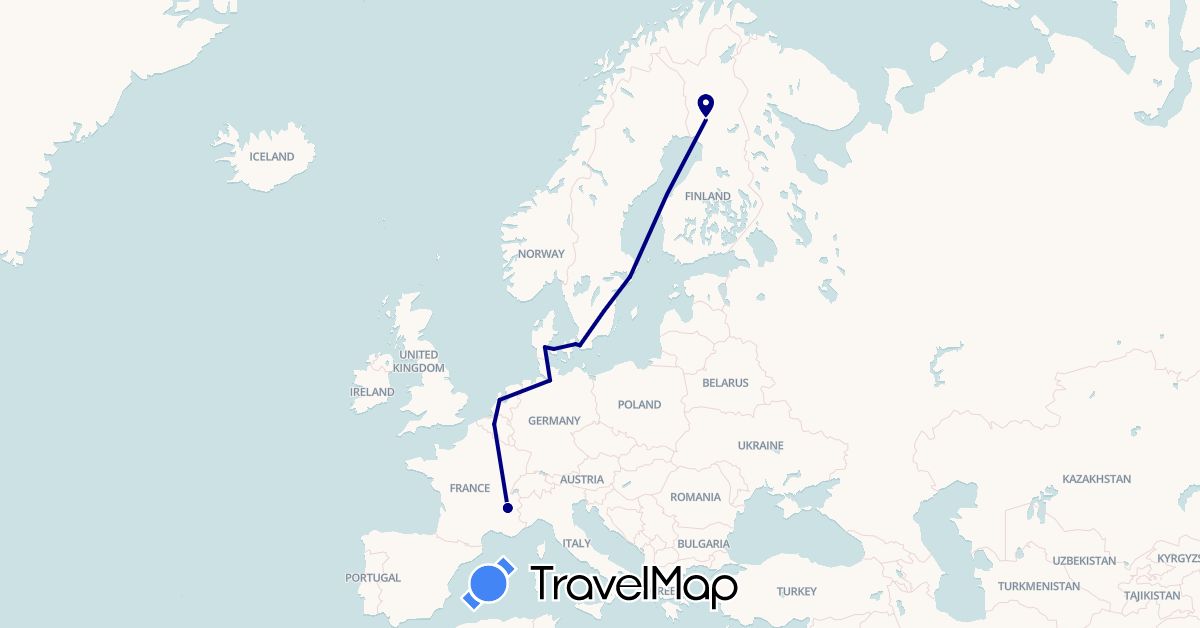 TravelMap itinerary: driving in Belgium, Germany, Denmark, Finland, France, Netherlands, Sweden (Europe)